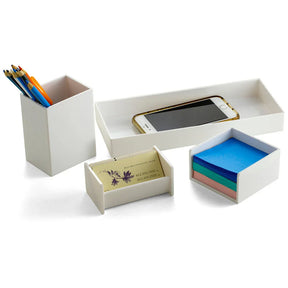 Officemate 4-Piece Desk Organizer Set in white, featuring a pen holder, tray, and card holder.