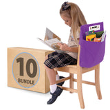 Young girl reading on chair with purple seat pocket organizer, school supplies, and 10 pack bundle box