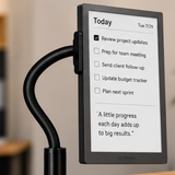 TRMNL 7.5 inch ePaper display with a to-do list, mounted on a black gooseneck clamp.