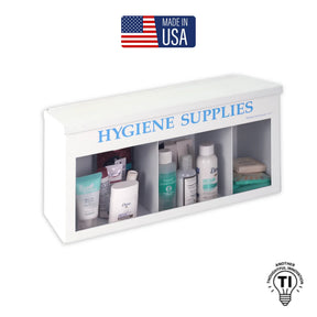 Victor® Hygiene Station white organizer filled with hand sanitizer, lotion, and wipes.