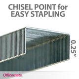 Close-up of 0.25 inch chisel point staples for easy stapling, office supply product.