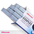 Box of Officemate standard staples for office and school use, close-up view