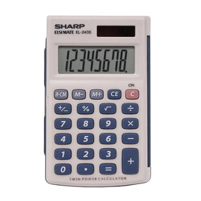 SHARP Calculators 8-digit pocket calculator with blue and grey buttons on a white body.