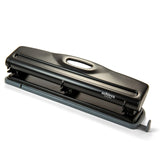 Black metal three-hole paper punch with handle, desktop office supply on white background