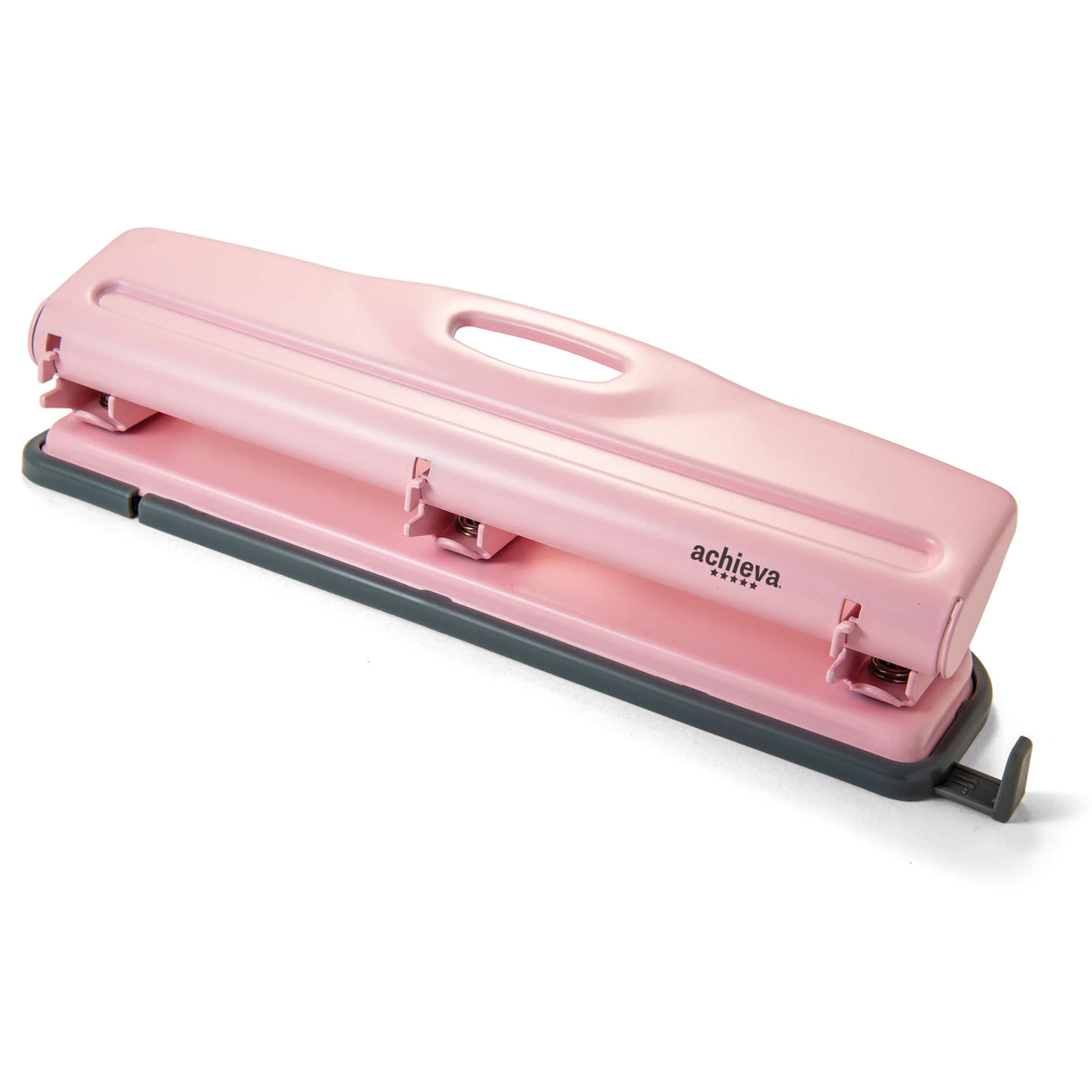 Pink three-hole paper punch for office or school organization on white background