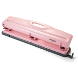 Pink three-hole paper punch for office or school organization on white background