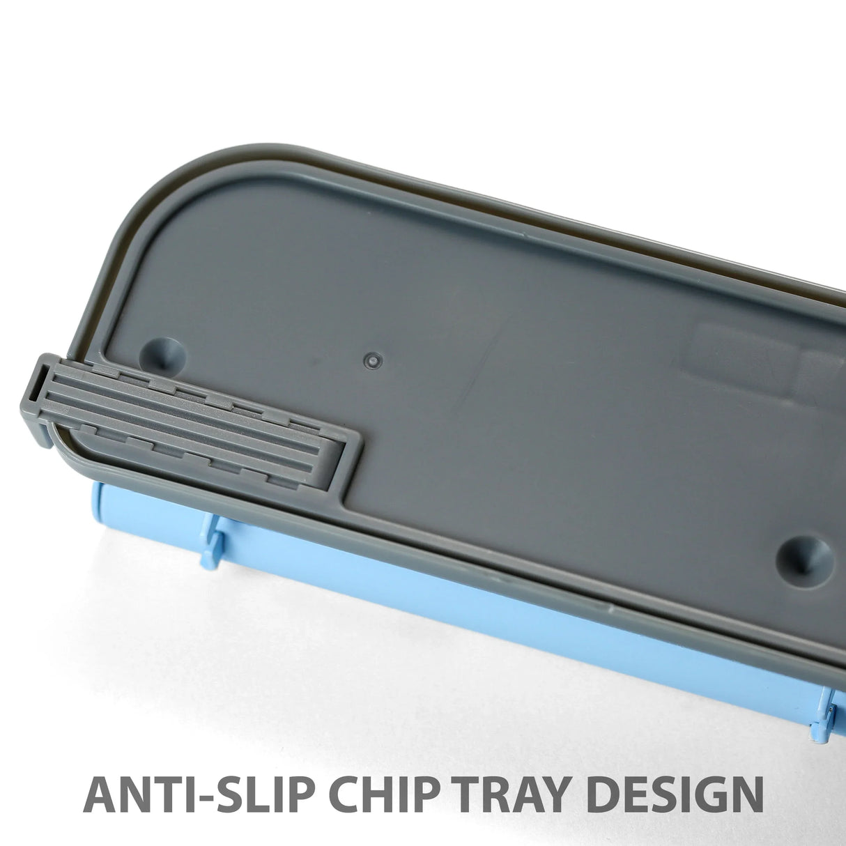 Close-up of a gray anti-slip chip tray with blue base, text reads anti-slip chip tray design