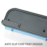 Close-up of a gray anti-slip chip tray with blue base, text reads anti-slip chip tray design