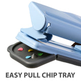Blue hole punch with easy pull chip tray and colored paper chips