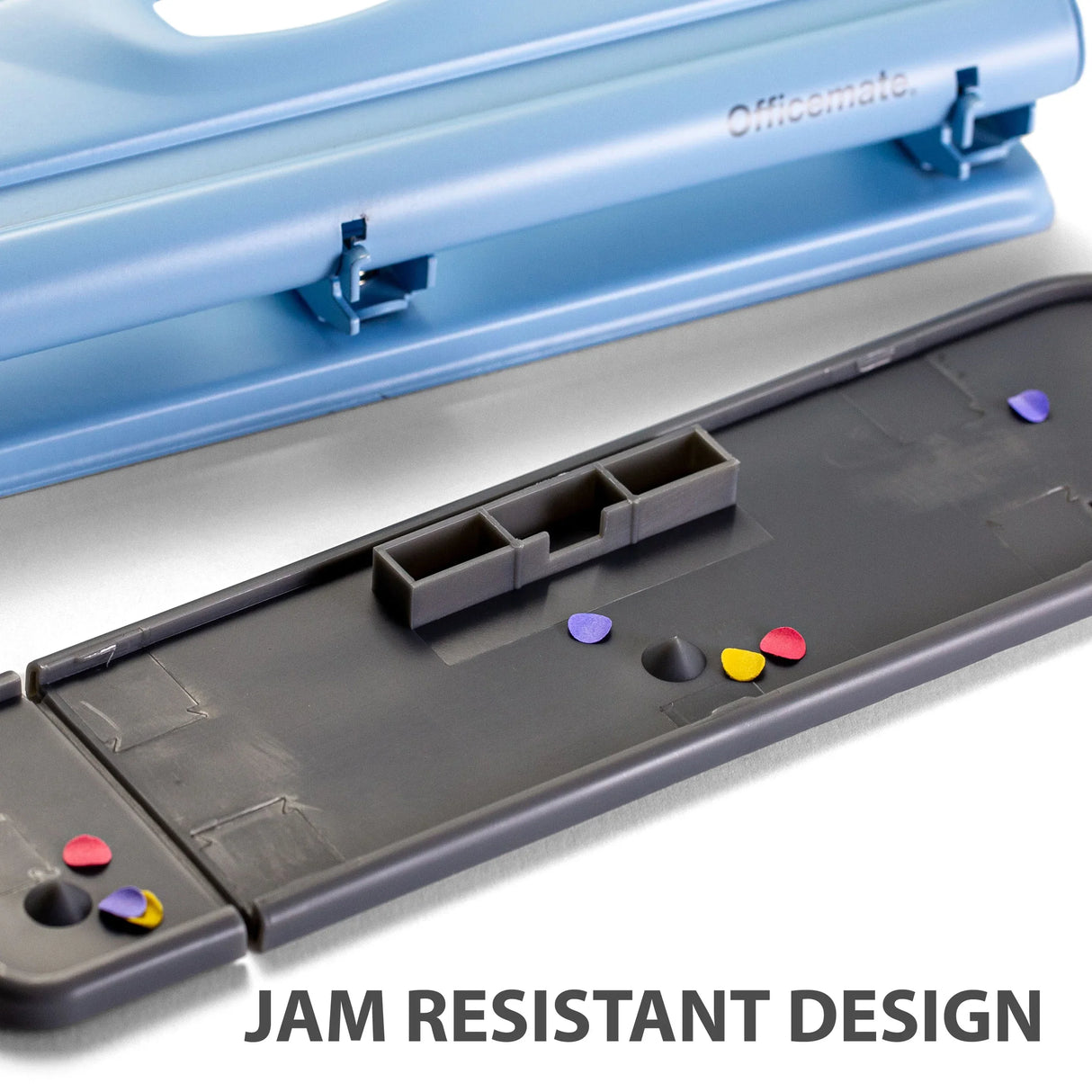 Blue Officemate hole punch with jam resistant design and removable chip tray