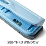 Light blue paper hole punch with see-thru window, office desk organizer accessory