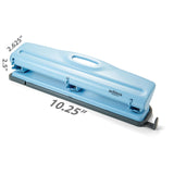 Light blue three-hole paper punch with dimensions labeled on white background