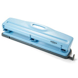 Light blue Achieva three-hole punch for office or school, with handle, on white background
