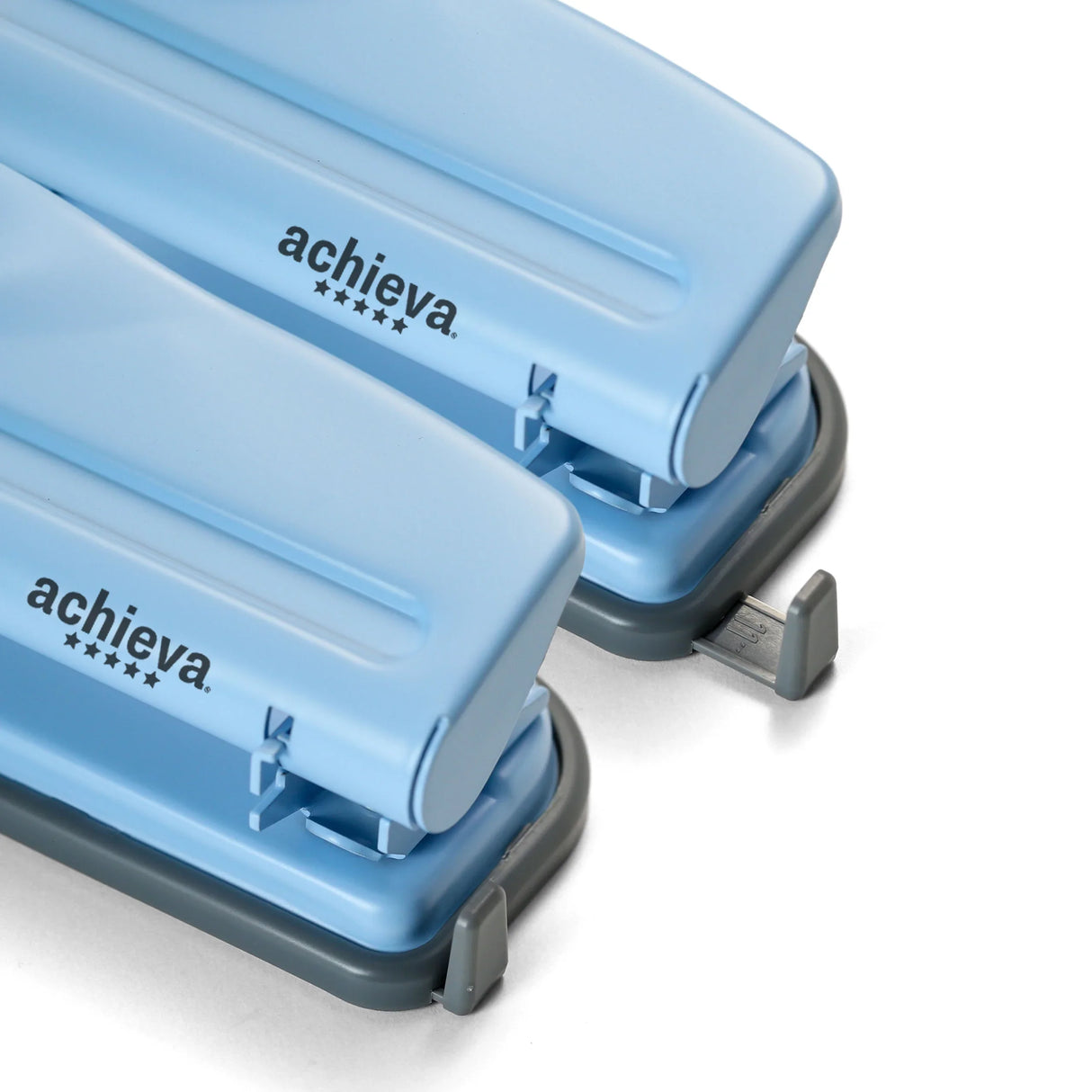 Close-up of blue Achieva paper hole punchers with adjustable paper guides