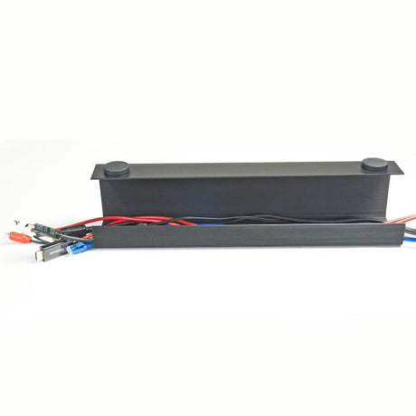 Rectangular black battery pack with red and blue cables on a white background