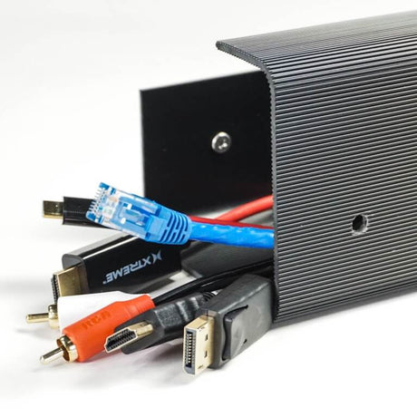 Cable management system with various cables plugged into a black box on a white background