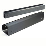 Two black metal gutters on a white background