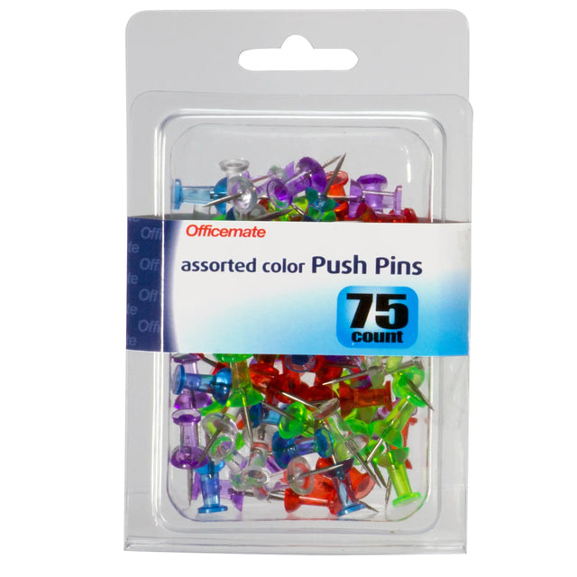 Officemate® Translucent Assorted Color Push Pins & Clips – 75 Count Plastic Head Fasteners with Steel Points (Clamshell Pack) - Victor® Technology