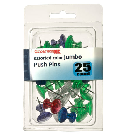 Pack of 25 assorted color jumbo push pins in clear, green, blue, and red for office use