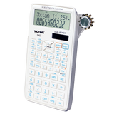 White scientific calculator with dual power, advanced function buttons, and angled display