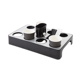 Aluminum coffee capsule dispenser with paper cups, plastic mug, and stirrers, metal grey and black