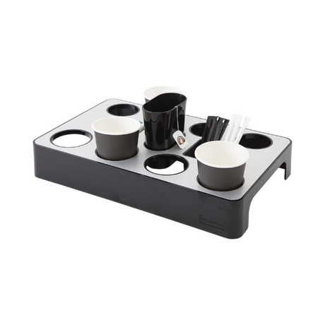 Aluminum coffee capsule dispenser with paper cups, plastic mug, and stirrers, metal grey and black