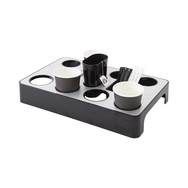 Aluminum coffee capsule dispenser with paper cups, plastic mug, and stirrers, metal grey and black