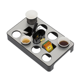 Aluminum capsule dispenser organizer with cups, tea packets, stirrers, and beverage slots