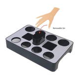 Universal capsules dispenser with multiple slots, metal grey and black, removable bin highlighted