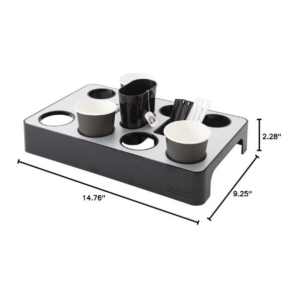 Aluminum metal coffee capsule dispenser with multiple cup holders, black and grey, with dimensions.