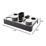 Aluminum metal coffee capsule dispenser with multiple cup holders, black and grey, with dimensions.