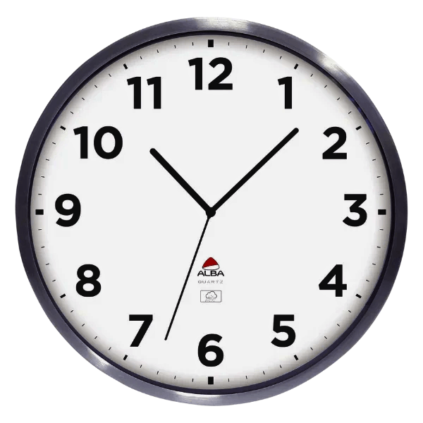 Round outdoor wall clock with silver frame, white face, bold black numbers and Alba logo