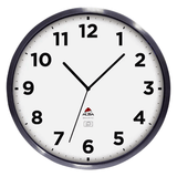 Round outdoor wall clock with silver frame, white face, bold black numbers and Alba logo