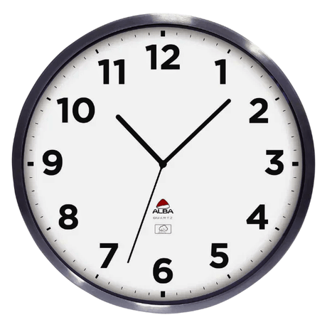 Round outdoor wall clock with silver frame, white face, bold black numbers and Alba logo