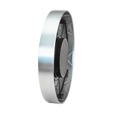 Side view of a round silver outdoor wall clock with stainless steel frame