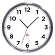 Round outdoor wall clock with silver frame, white face, bold black numbers and Alba logo