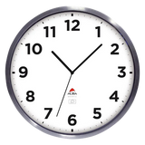 Round outdoor wall clock with silver frame, white face, bold black numbers and Alba logo