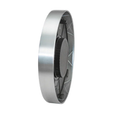 Side view of a round silver outdoor wall clock with stainless steel frame