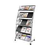 Mobile literature display rack with 15 compartments holding magazines, on wheels