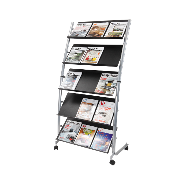 Mobile literature display rack with 15 compartments holding magazines, on wheels