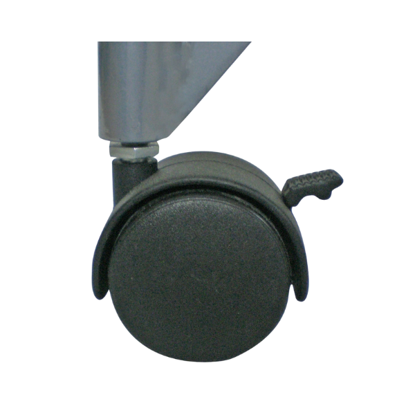 Close-up of a black caster wheel with brake on a metal frame, office furniture accessory