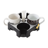 Smart mug and cup carry tray with handles, holding two mugs and stirrers, tea bag visible