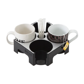 Alba Rendez-Vous black 4-cup coffee mug carrier with stirrers and white mugs