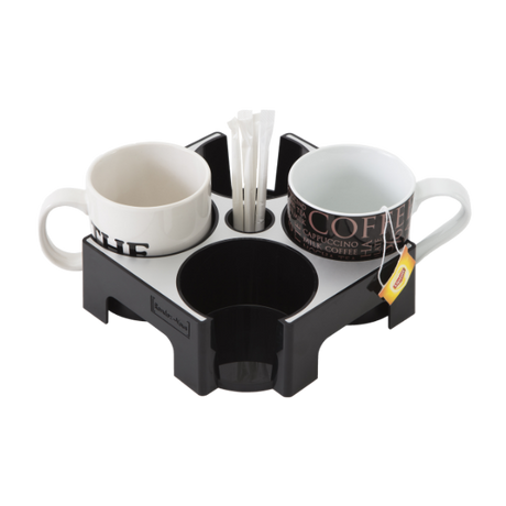 Smart mug and cup carry tray with handles, holding two mugs and stirrers, tea bag visible