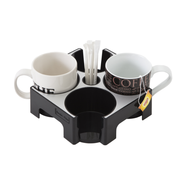 Smart mug and cup carry tray with handles, holding two mugs and stirrers, tea bag visible