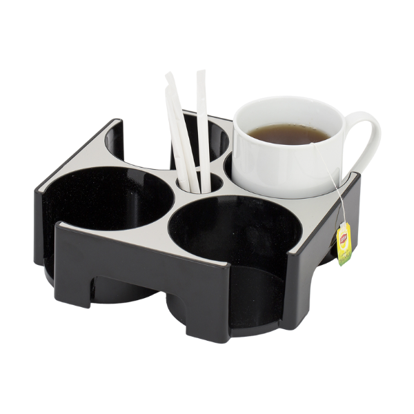 Black and silver smart mug carry tray with a cup of tea and three white stirrers