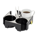 Black and silver smart mug carry tray with a cup of tea and three white stirrers