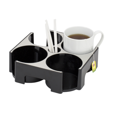 Black and silver smart mug carry tray with a cup of tea and three white stirrers