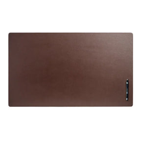 Dacasso chocolate brown leather 34" x 20" desk mat with a pen on the side.