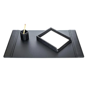 Dacasso Classic Black Leather 3-Piece Desk Set with desk pad, blotter, and pen holder